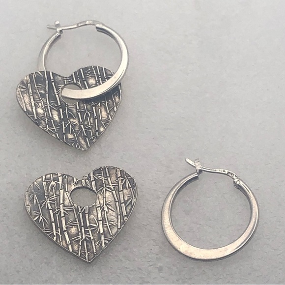 VTG Sterling Silver 2-Way Bamboo Pattern Heart Hoops Earrings 1” / 1.5” - Picture 2 of 6